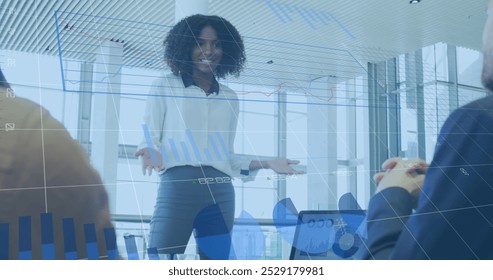 Image of financial data processing over diverse business people in office. global business, finances and data processing concept digitally generated image.