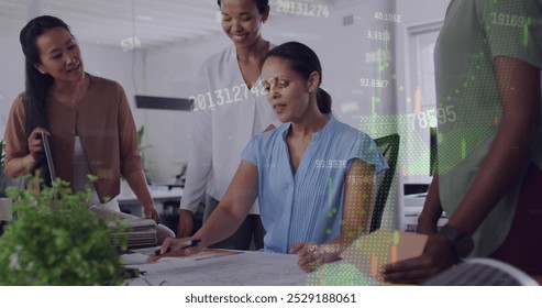 Image of financial data processing over diverse colleagues discussing over a plan at office. Global finance and business data technology concept - Powered by Shutterstock - Get 15% off with code: PIKWIZARD15