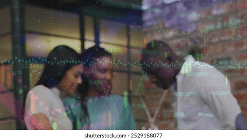 Image of financial data processing over diverse business people at office. Global finances, business and digital interface concept digitally generated image.