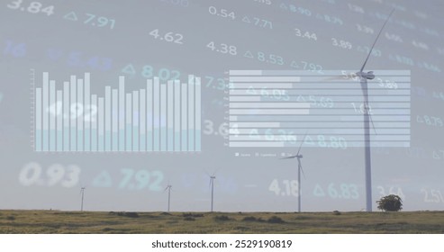 Image of financial data processing over wind turbines. Global environment, finance, business, connections, computing and data processing concept digitally generated image. - Powered by Shutterstock