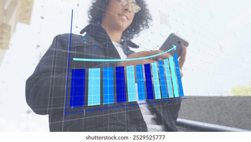Image of financial data processing over biracial man using smartphone. Global finance, business, connections, computing and data processing concept digitally generated image.