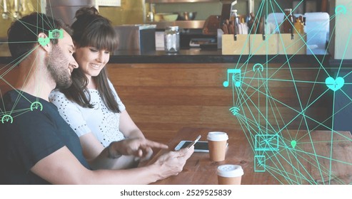 Image of financial data processing over caucasian people using smartphone. Global finance, business, connections, computing and data processing concept digitally generated image.