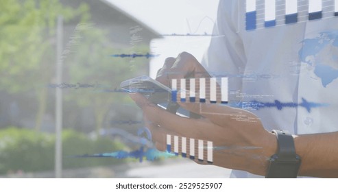 Image of financial data processing over caucasian businessman using smartphone. Global finance, business, connections, computing and data processing concept digitally generated image.