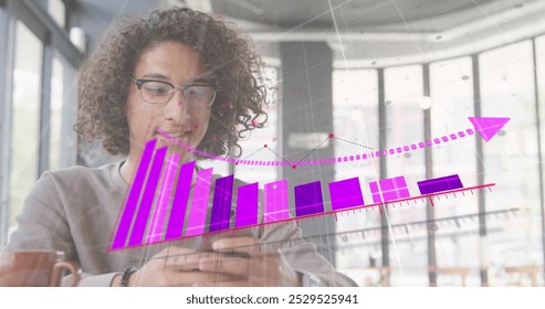 Image of financial data processing over biracial man using smartphone. Global finance, business, connections, computing and data processing concept digitally generated image.