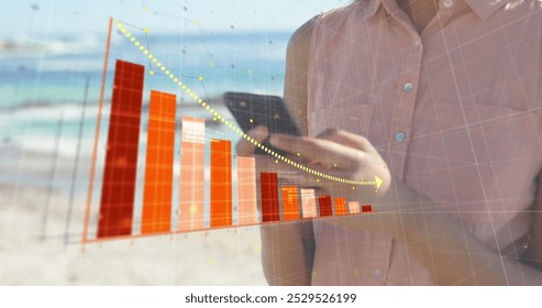 Image of financial data processing over caucasian woman using smartphone. Global finance, business, connections, computing and data processing concept digitally generated image.