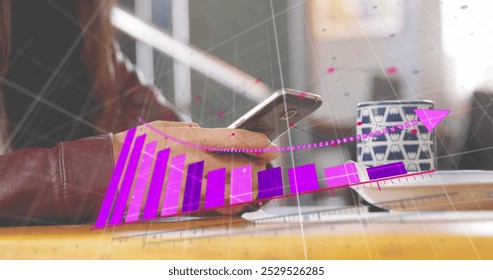 Image of financial data processing over caucasian businessman using smartphone. Global finance, business, connections, computing and data processing concept digitally generated image.