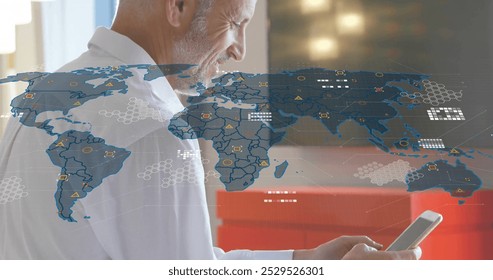 Image of financial data processing over caucasian businessman using smartphone. Global finance, business, connections, computing and data processing concept digitally generated image.