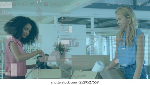 Image of financial data processing over diverse businesswomen unpacking boxes in office. Global finance, business, connections, computing and data processing concept digitally generated image. - Powered by Shutterstock