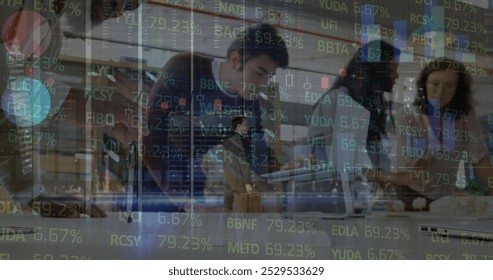 Image of financial data processing over business people in office. Global business, computing, connections and data processing concept digitally generated image.