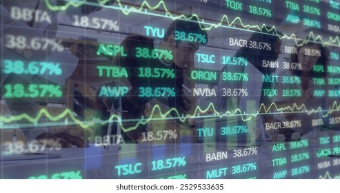 Image of financial data processing over business people in office. Global business, computing, connections and data processing concept digitally generated image.
