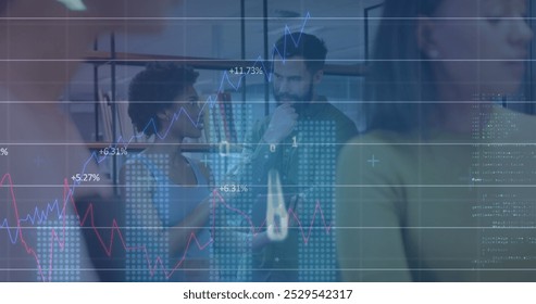 Image of financial data processing over diverse people in office. Global computing, digital interface and data processing concept digitally generated image.