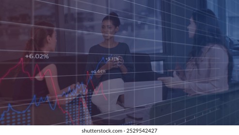 Image of financial data processing over diverse people in office. Global computing, digital interface and data processing concept digitally generated image.