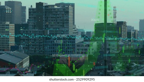 Image of financial data processing over buildings. Global finance, business, connections, computing and data processing concept digitally generated image.