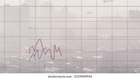Image of financial data processing over cityscape. Global finance, business, connections, computing and data processing concept digitally generated image.