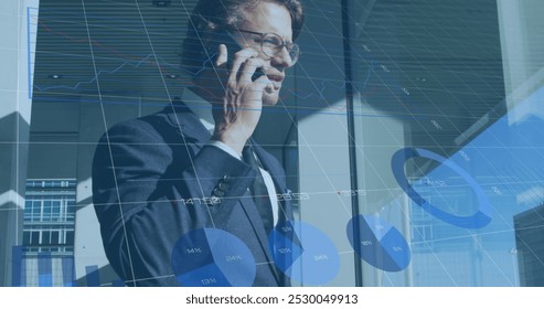 Image of financial data processing over caucasian businessman in office. global business, finances and data processing concept digitally generated image.