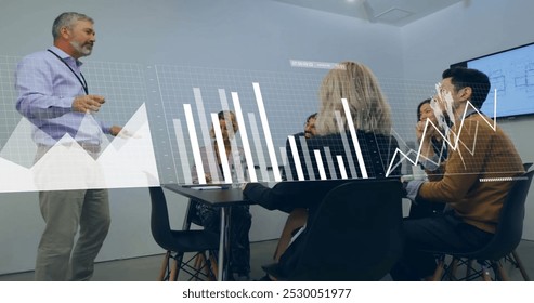 Image of financial data processing over diverse business people in office. Global business, finance, connections, computing and data processing concept digitally generated image.
