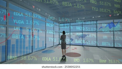 Image of financial data processing over businesswoman. global finances, business, digital interface and technology concept digitally generated image.