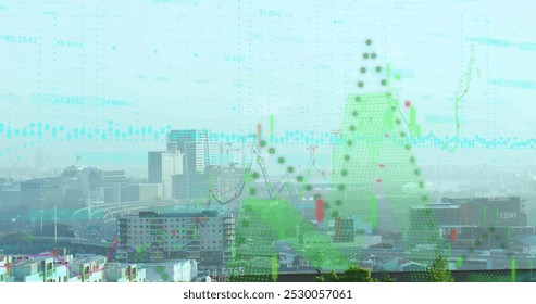 Image of financial data processing over buildings. Global finance, business, connections, computing and data processing concept digitally generated image.
