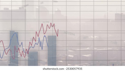 Image of financial data processing over cityscape. Global finance, business, connections, computing and data processing concept digitally generated image.