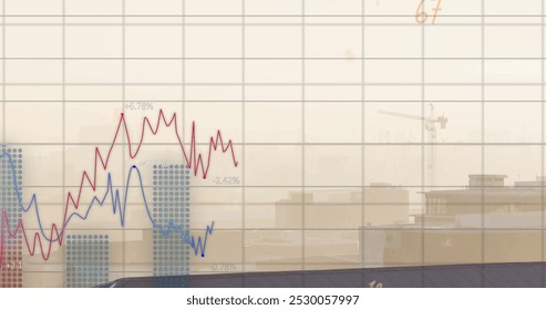 Image of financial data processing over cityscape. Global finance, business, connections, computing and data processing concept digitally generated image.