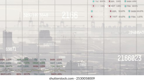 Image of financial data processing over cityscape. Global finance, business, connections, computing and data processing concept digitally generated image.