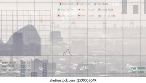 Image of financial data processing over cityscape. Global finance, business, connections, computing and data processing concept digitally generated image.