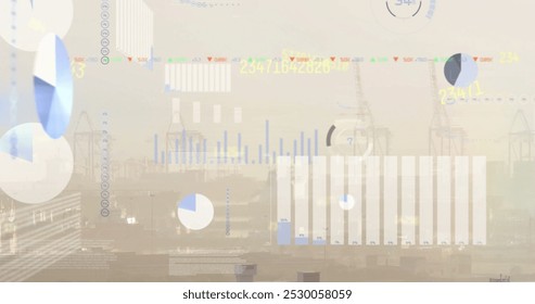 Image of financial data processing over cityscape. Global finance, business, connections, computing and data processing concept digitally generated image.