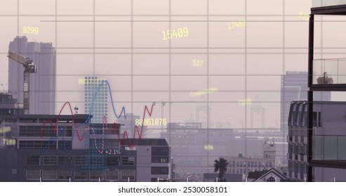 Image of financial data processing over cityscape. Global finance, business, connections, computing and data processing concept digitally generated image.