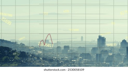 Image of financial data processing over cityscape. Global finance, business, connections, computing and data processing concept digitally generated image.