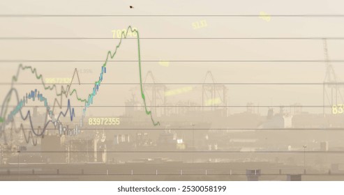 Image of financial data processing over cityscape. Global finance, business, connections, computing and data processing concept digitally generated image.