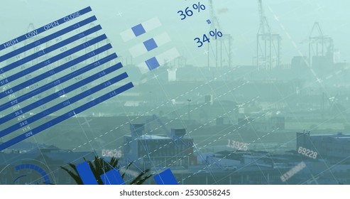 Image of financial data processing over cityscape. Global finance, business, connections, computing and data processing concept digitally generated image.