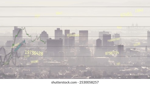 Image of financial data processing over cityscape. Global finance, business, connections, computing and data processing concept digitally generated image.