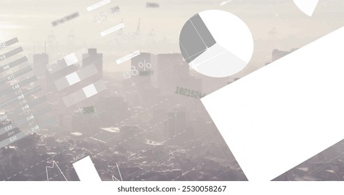 Image of financial data processing over cityscape. Global finance, business, connections, computing and data processing concept digitally generated image.