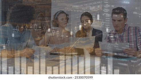 Image of financial data processing over diverse business people. global business, finance, data processing concept digitally generated image.