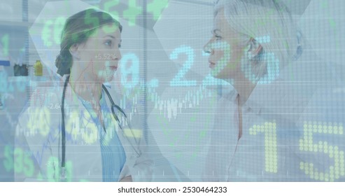 Image of financial data processing over caucasian female doctors talking. global medicine, healthcare services and data processing concept digitally generated image. - Powered by Shutterstock - Get 15% off with code: PIKWIZARD15