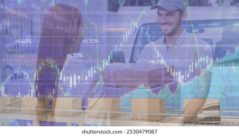 Image of financial data processing over business people working in office. Global shipping delivery and connections concept digitally generated image.