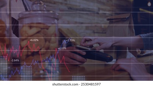 Image of financial data processing over diverse people paying with smartphone. Global finances, computing and digital interface concept digitally generated image.