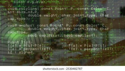 Image of financial data processing over people using payment terminal. Global business, finances, data processing and digital interface concept digitally generated image.