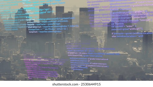 Image of financial data processing over cityscape. Global business, finances, computing and data processing concept digitally generated image.