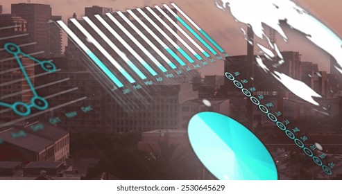 Image of financial data processing over cityscape. Global business, finances, computing and data processing concept digitally generated image.