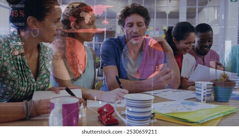 Image of financial data processing over diverse group of business people. global business, finances, digital interface and connections concept digitally generated image.