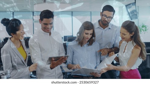 Image of financial data processing over diverse group of business people. global business, finances, digital interface and connections concept digitally generated image.