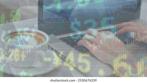 Image of financial data processing over woman using laptop. Global computing, business, finance and data processing concept digitally generated image.