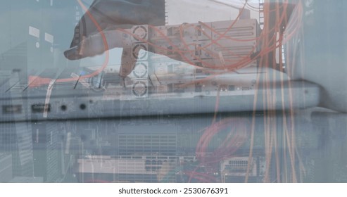 Image of financial data processing over man using laptop. Global computing, business, finance and data processing concept digitally generated image.