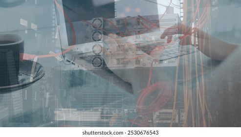 Image of financial data processing over woman using laptop. Global computing, business, finance and data processing concept digitally generated image.