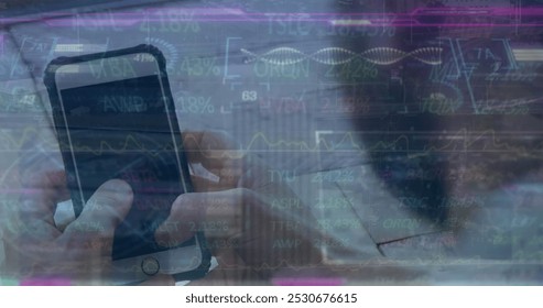 Image of financial data processing over businessman using smartphone. Global business success digital interface technology and networking concept digitally generated image.