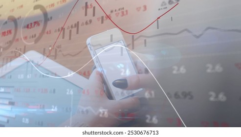 Image of financial data processing over man using smartphone with blank screen. Global computing, business, finance and data processing concept digitally generated image.