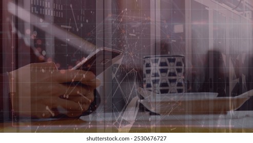 Image of financial data processing over man using smartphone. Global computing, business, finance and data processing concept digitally generated image.