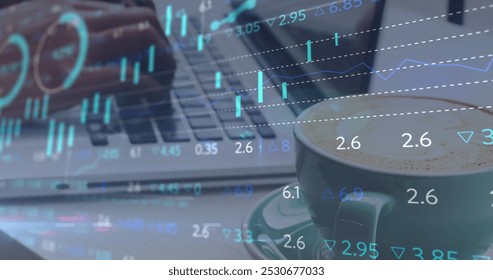 Image of financial data processing over woman using laptop. Global computing, business, finance and data processing concept digitally generated image.