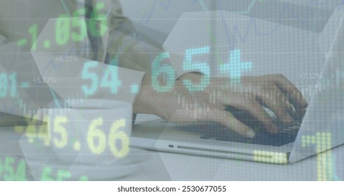 Image of financial data processing over man using laptop. Global computing, business, finance and data processing concept digitally generated image.
